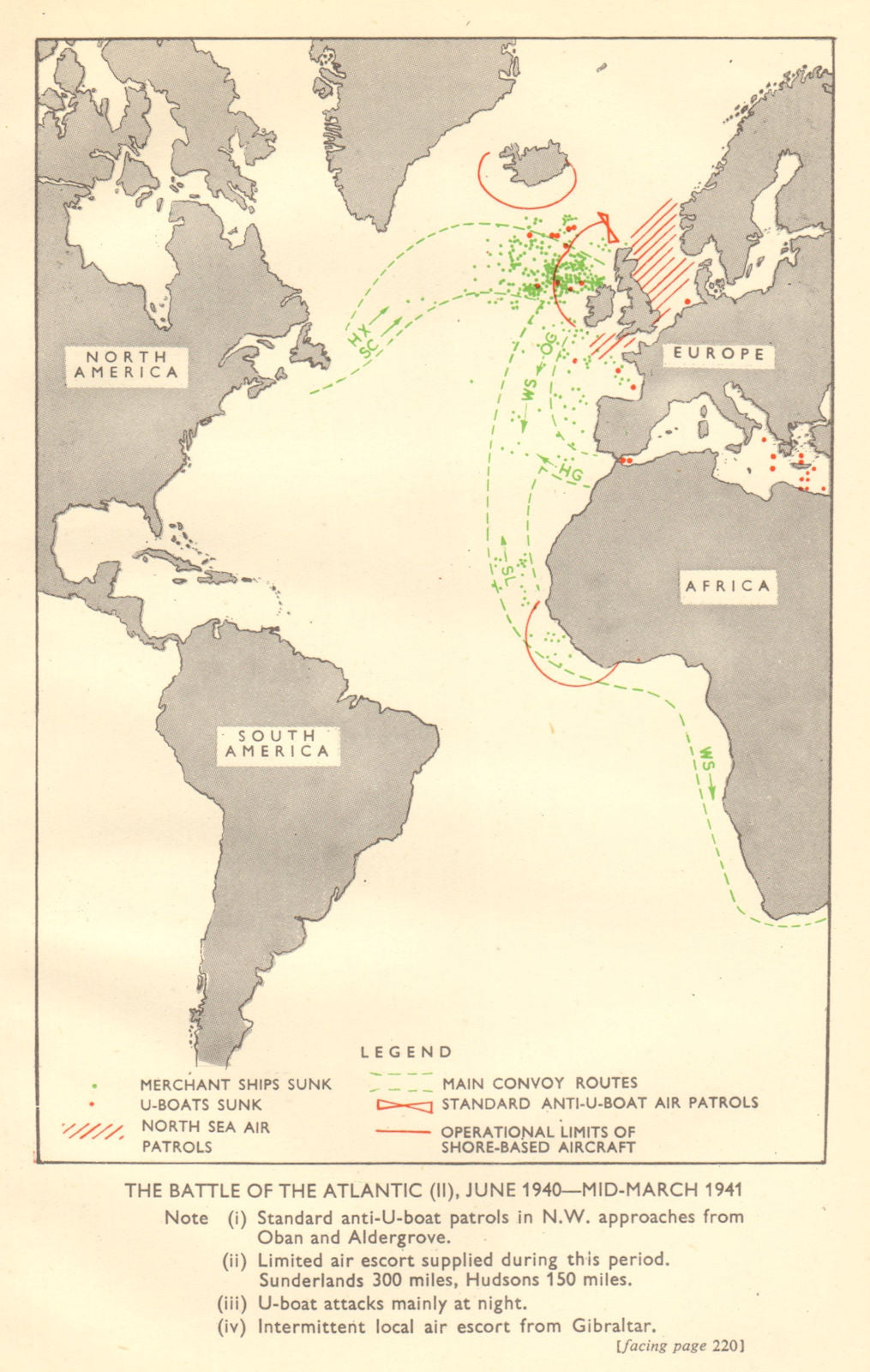 Battle of the Atlantic June 1940-mid-March 1941 World War 2 RAF Convoys 1953 map
